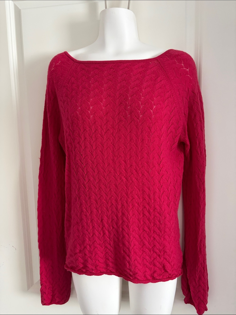 Bright Fuchsia lace Knit Boatneck merino wool Sweater